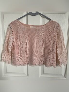 Mind Code Pink Chiffon Cropped Blouse with Lace Sleeves size M